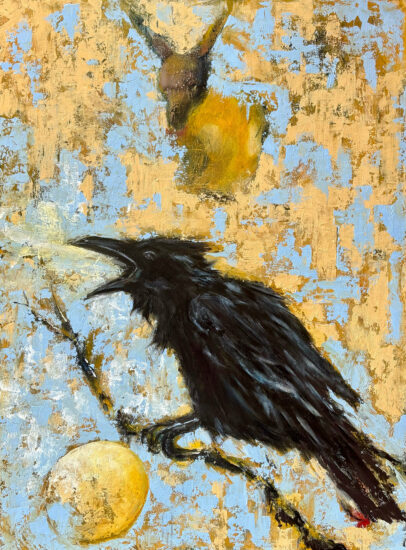 Le Corbeau et le Renard, huile sur toile de Raphaël Mallon, peinture contemporaine inspirée de la fable de Jean de La Fontaine.