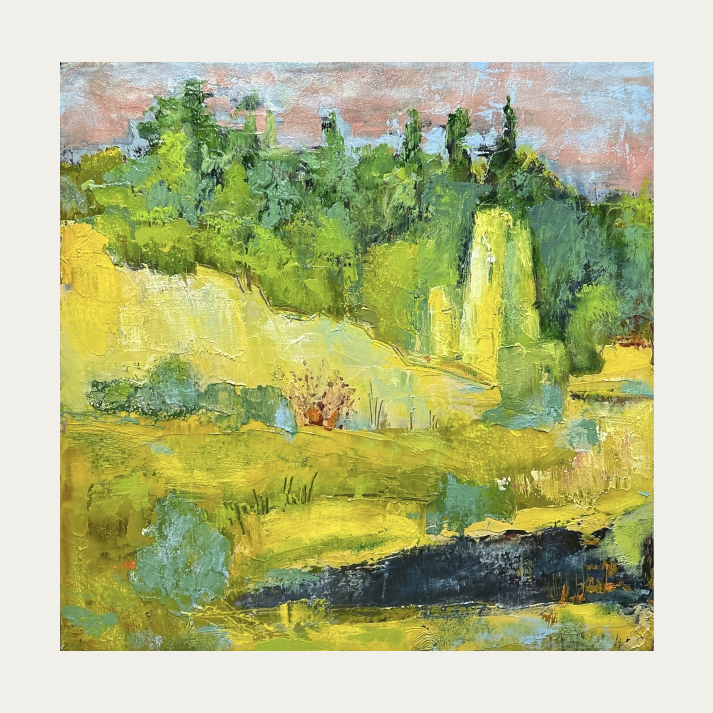 La vieille ruine jaune, peinture à l’huile sur toile de Raphaël Mallon