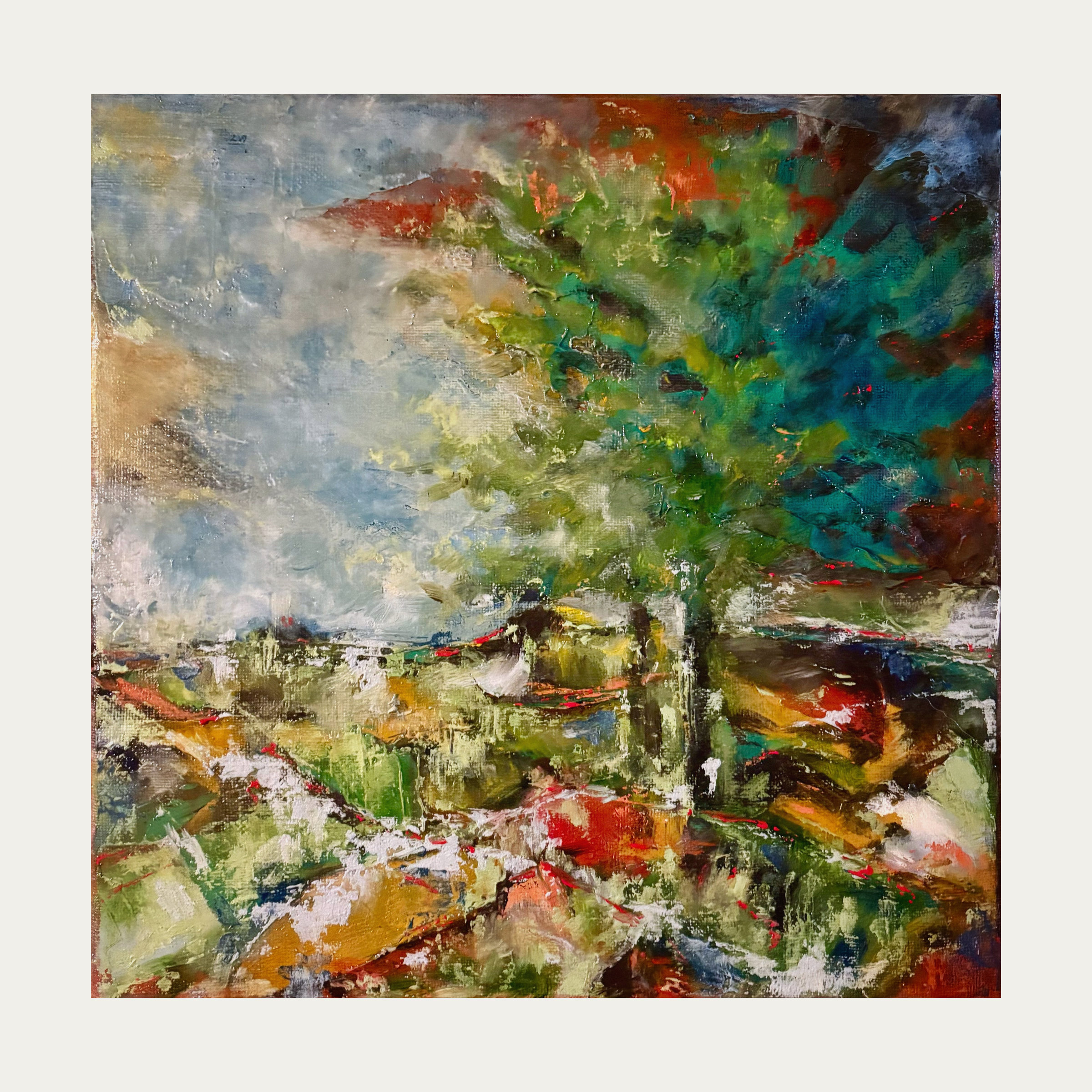 Peinture contemporaine de paysage représentant un sorbier de montagne, huile sur toile, Raphaël Mallon