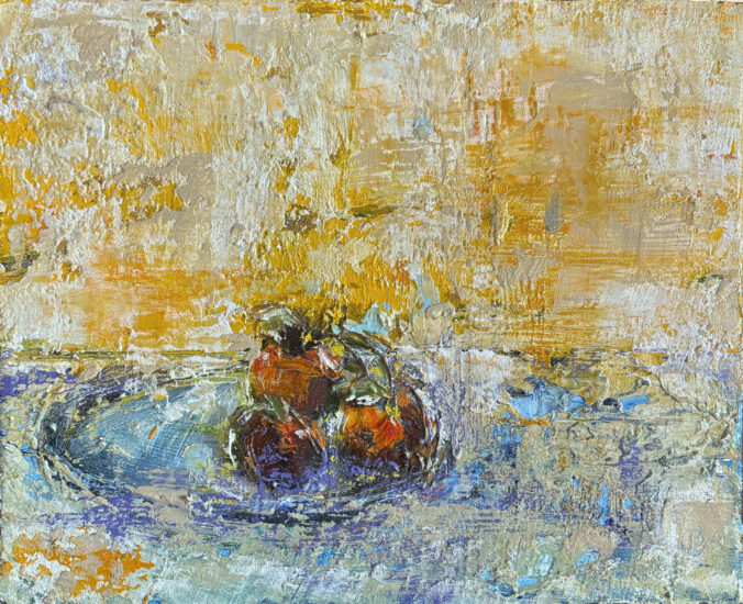 Trois Kakis, huile sur toile de Raphaël Mallon, nature morte contemporaine où les fruits émergent d’un espace pictural entre figuration et abstraction.