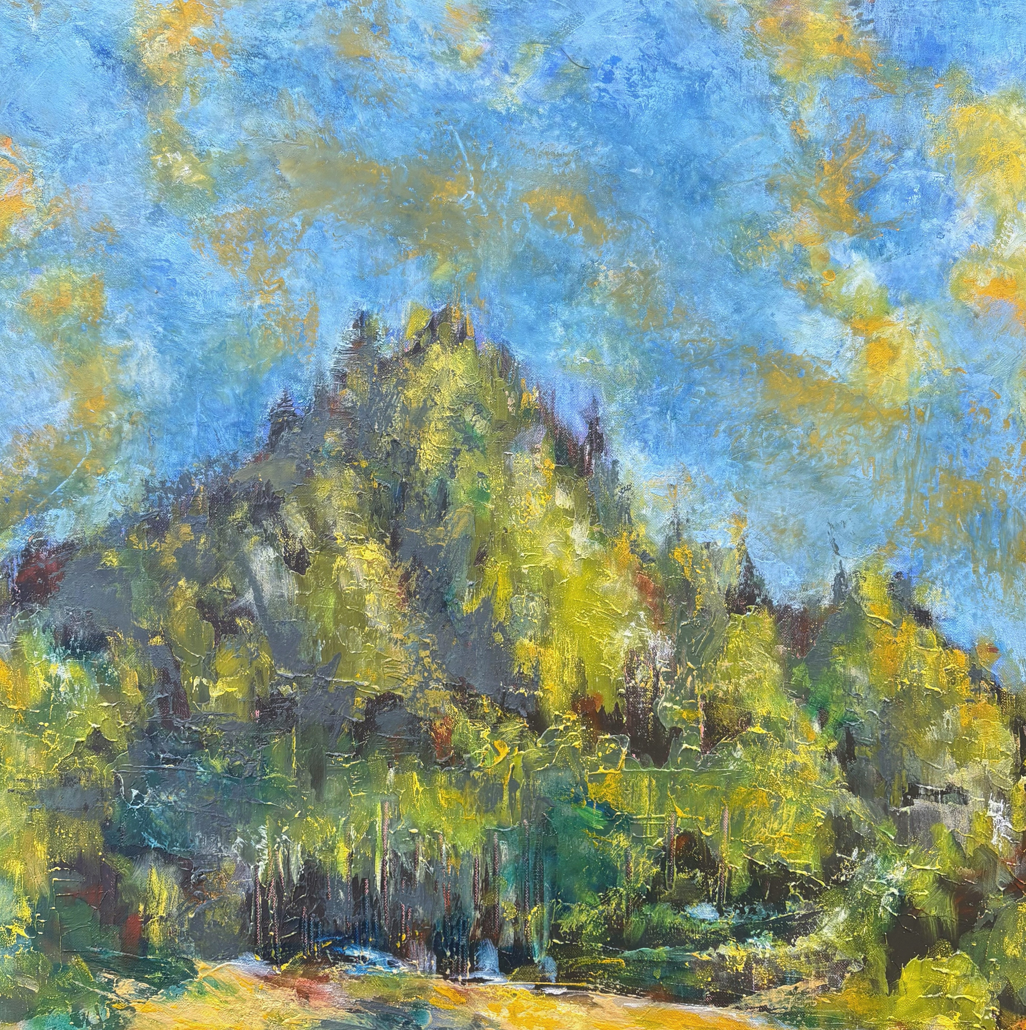 Peinture de paysage contemporaine à l’huile représentant un paysage du Cornillon en fin d’été