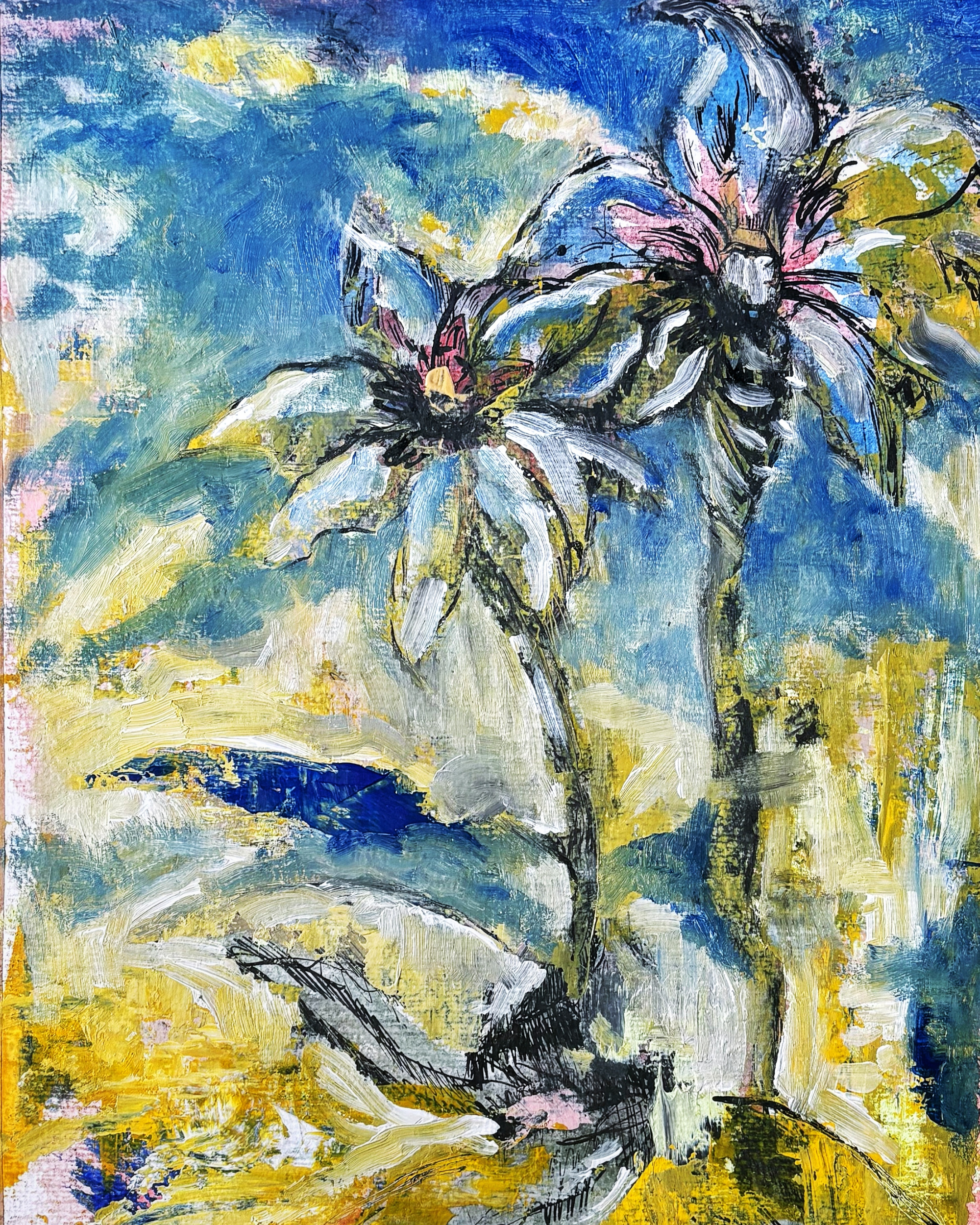 Bouquet abstrait aux tons jaunes et verts, huile sur papier, posé sur une table, œuvre de Raphaël Mallon.
