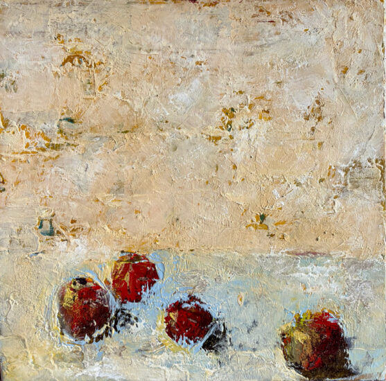 Les Quatre Pommes, huile sur toile de Raphaël Mallon, nature morte contemporaine explorant les relations entre couleur, lumière et espace pictural.
