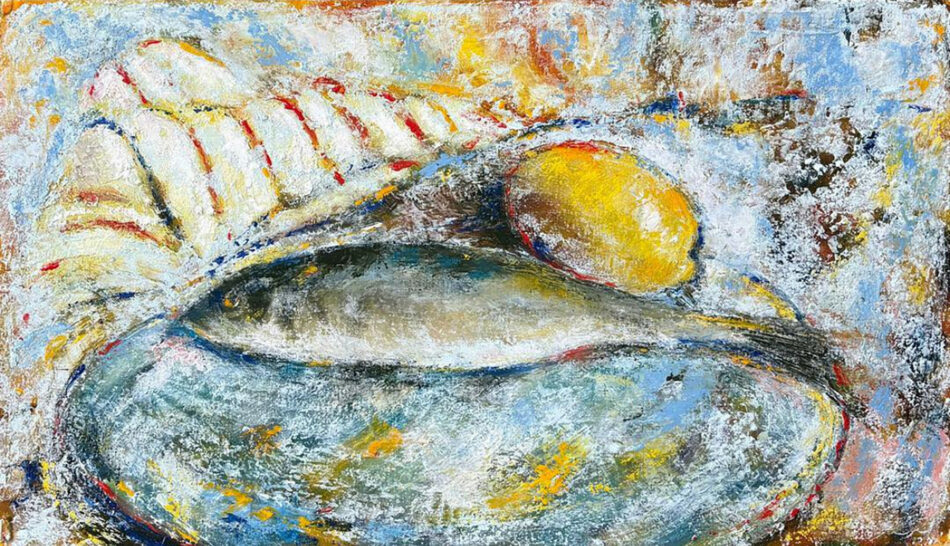 Imparfaite Variation n°2, huile sur papier de Raphaël Mallon, composition contemporaine entre figuration libre, abstraction et vibration colorée.
