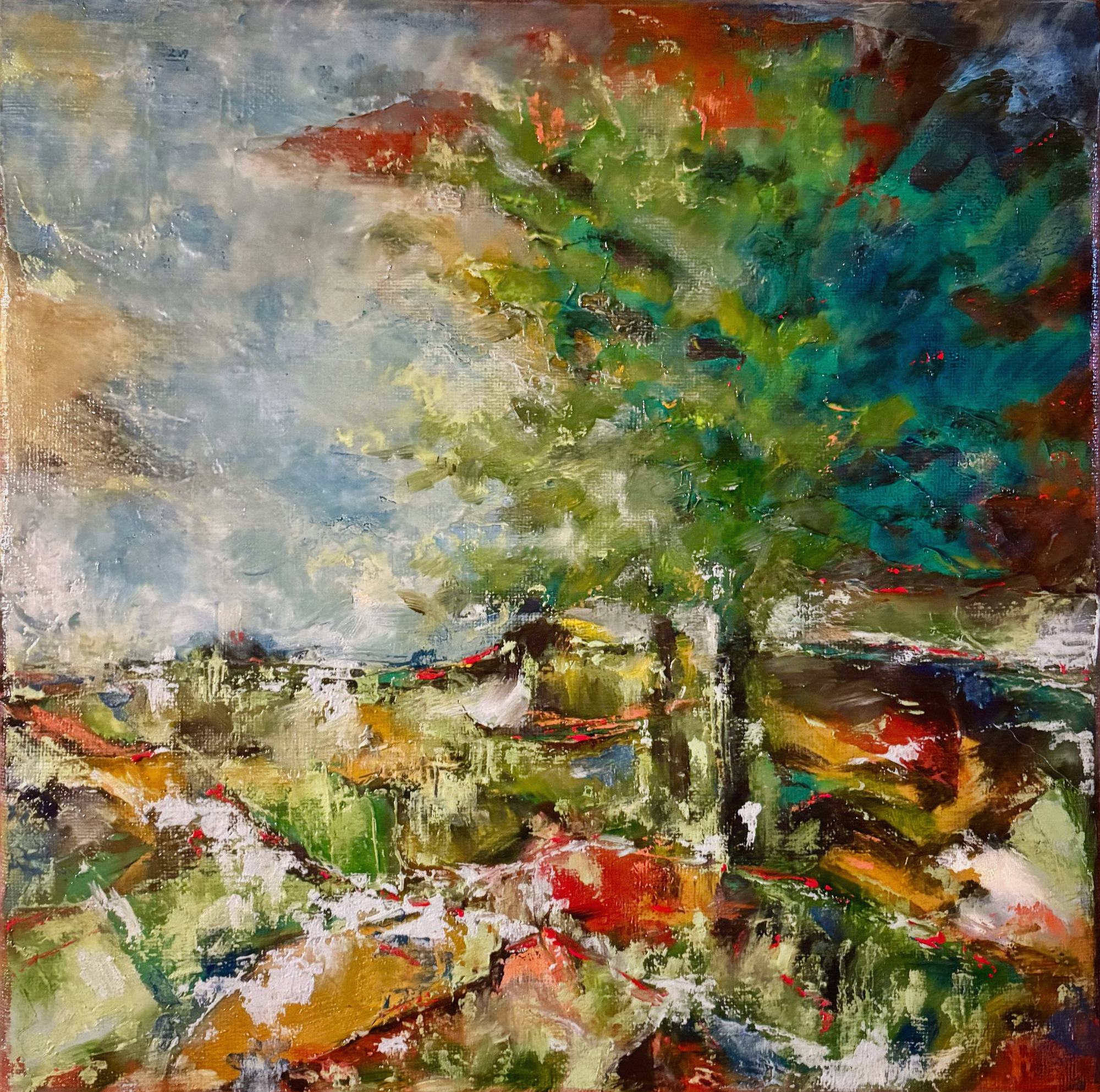 Peinture contemporaine de paysage représentant un sorbier de montagne, huile sur toile, Raphaël Mallon