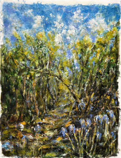 Sous-bois, huile sur toile de Raphaël Mallon, paysage forestier contemporain où lumière, végétation et matière picturale se mêlent dans une composition vibrante.
