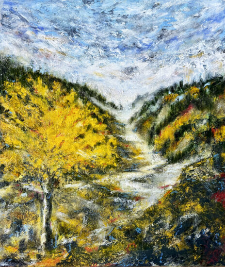 Arbre au col, huile sur toile de Raphaël Mallon, paysage contemporain représentant un arbre isolé dans un espace alpin entre lumière, matière et silence.