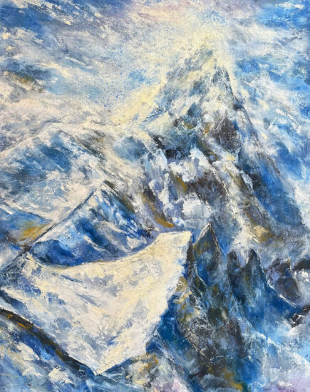Midi-Plan, huile sur toile de Raphaël Mallon, paysage de haute montagne évoquant la présence humaine dans un espace alpin entre lumière, roche et profondeur.