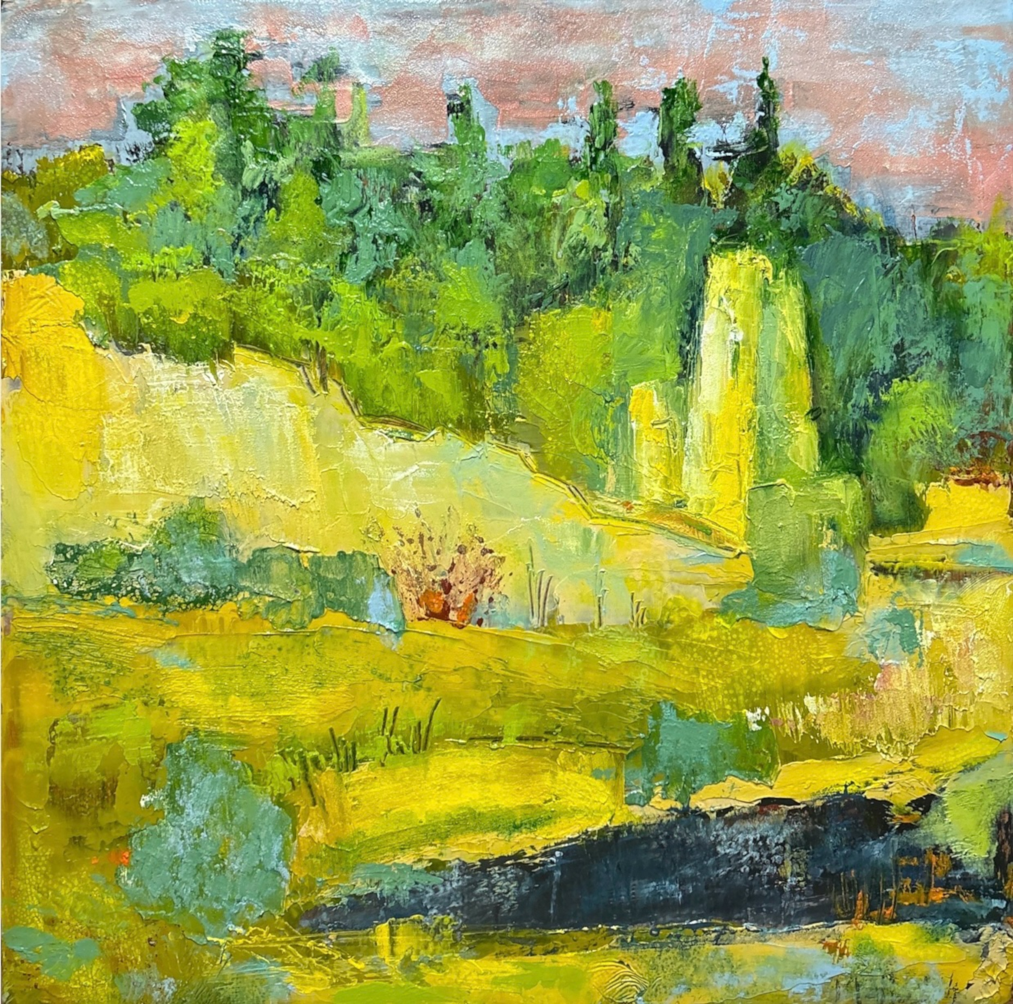 La vieille ruine jaune, peinture à l’huile sur toile de Raphaël Mallon