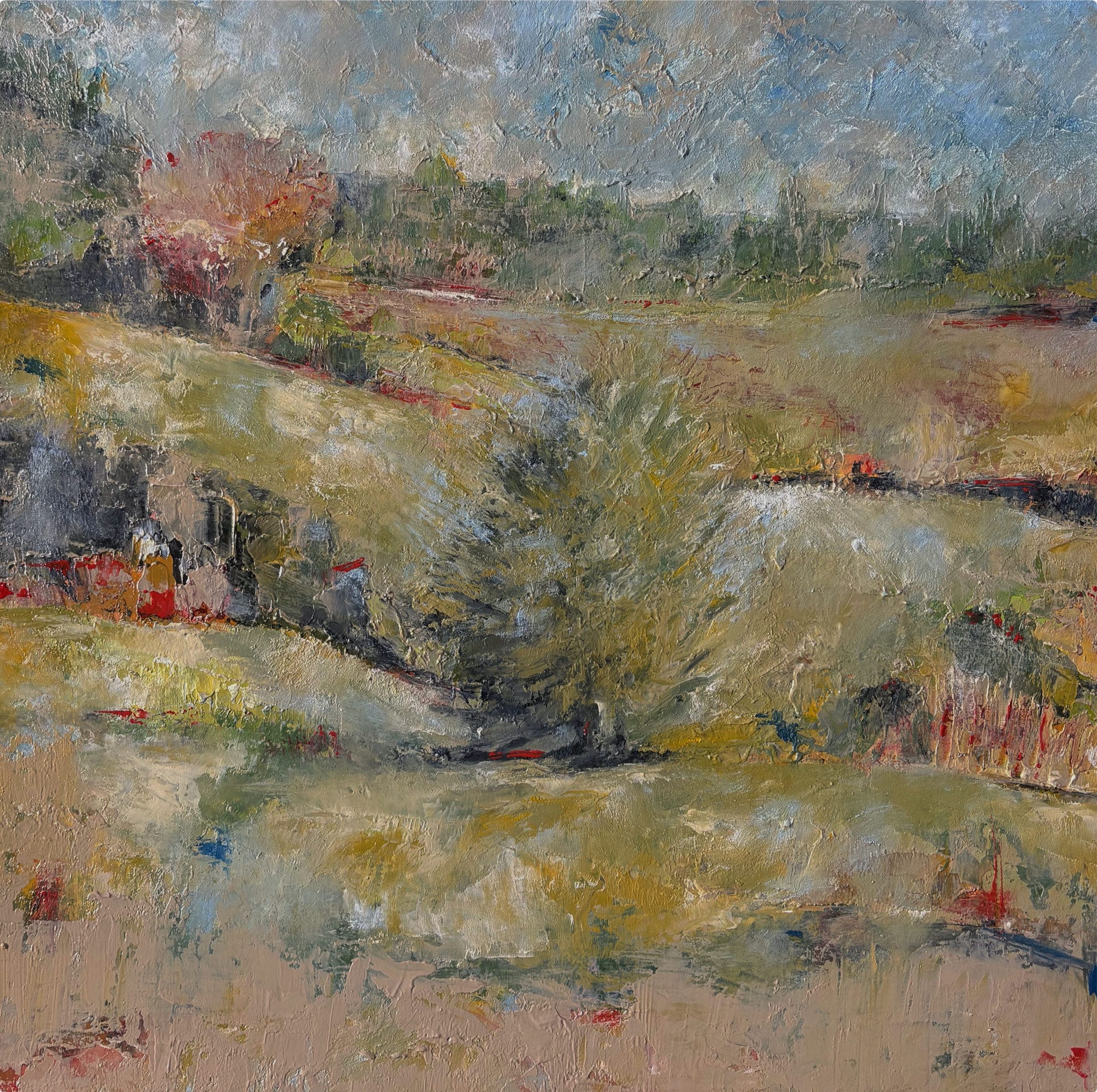 Peinture de paysage Les silences de la colline, huile sur toile, collines du Chablais, tons sourds et atmosphère silencieuse, Raphaël Mallon